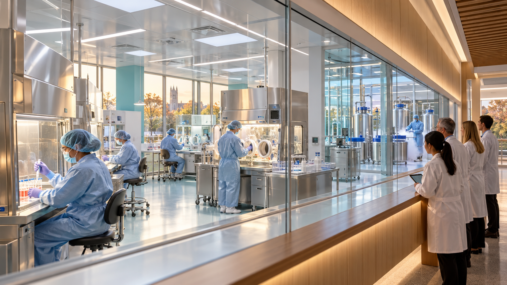 Illustrative architectural rendering of a pharmacy cleanroom learning center with students practicing at sterile compounding workstations and an observation gallery.